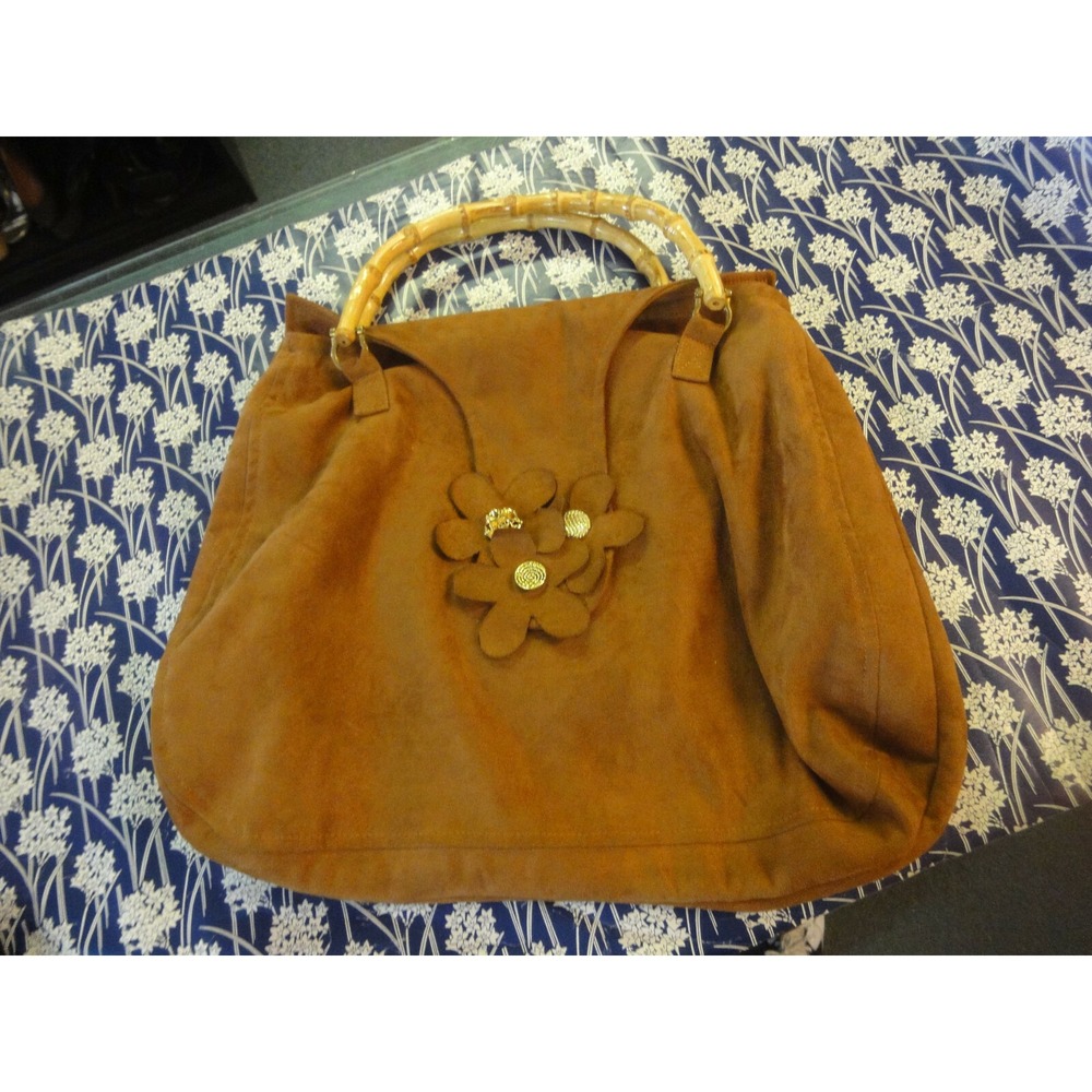 saks fifth avenue brown suede wood handle flower‎ button accent purse handbag